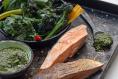 Roasted salmon with pesto-dressed vegetables