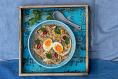 Hot and sour chicken and sweetcorn broth with egg and noodles