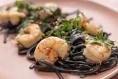 Prawns with squid ink linguine 