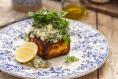 Crispy bacon and cabbage cakes with gribiche